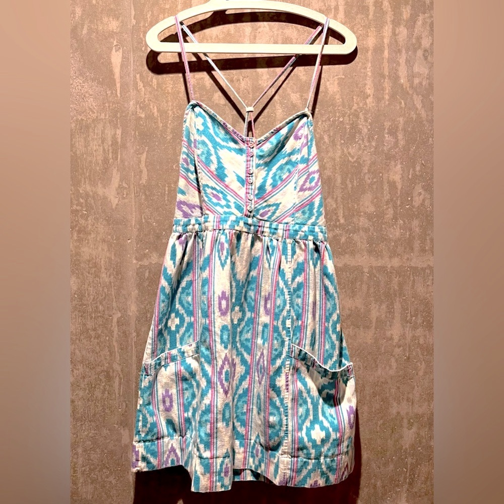 GUC American Eagle Cotton Ikat Sweetheart Neckline Dress Teal/Purple - Size 12